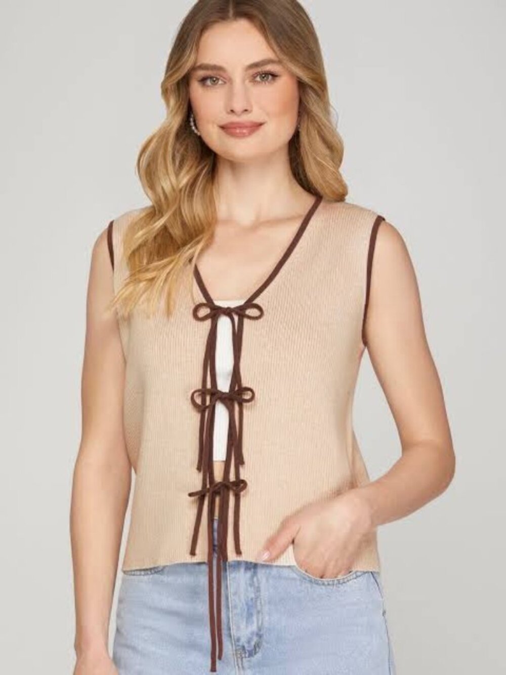 SHE+SKY Chic Ties Sweater Vest - Tan & Brown Trim - Size S